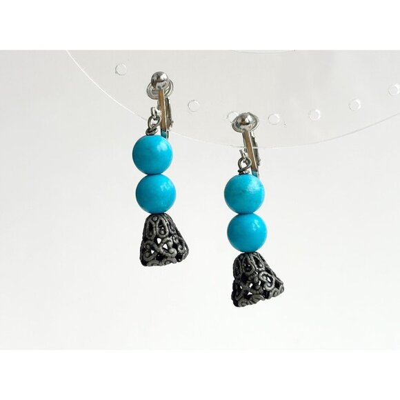 Southwest Style Faux Turquoise Silver Toned Vintage Dangle Clip On Earrings - Picture 6 of 7